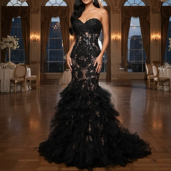 Jovani Dresses & Skirts - Jovani Elegant Black snd gold Strapless Gown size 12